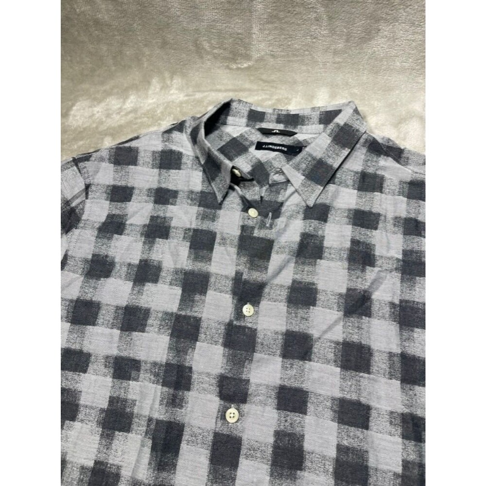 J.Lindeberg Button Up Shirt Men Large Gray Black Checkered Long Sleeve